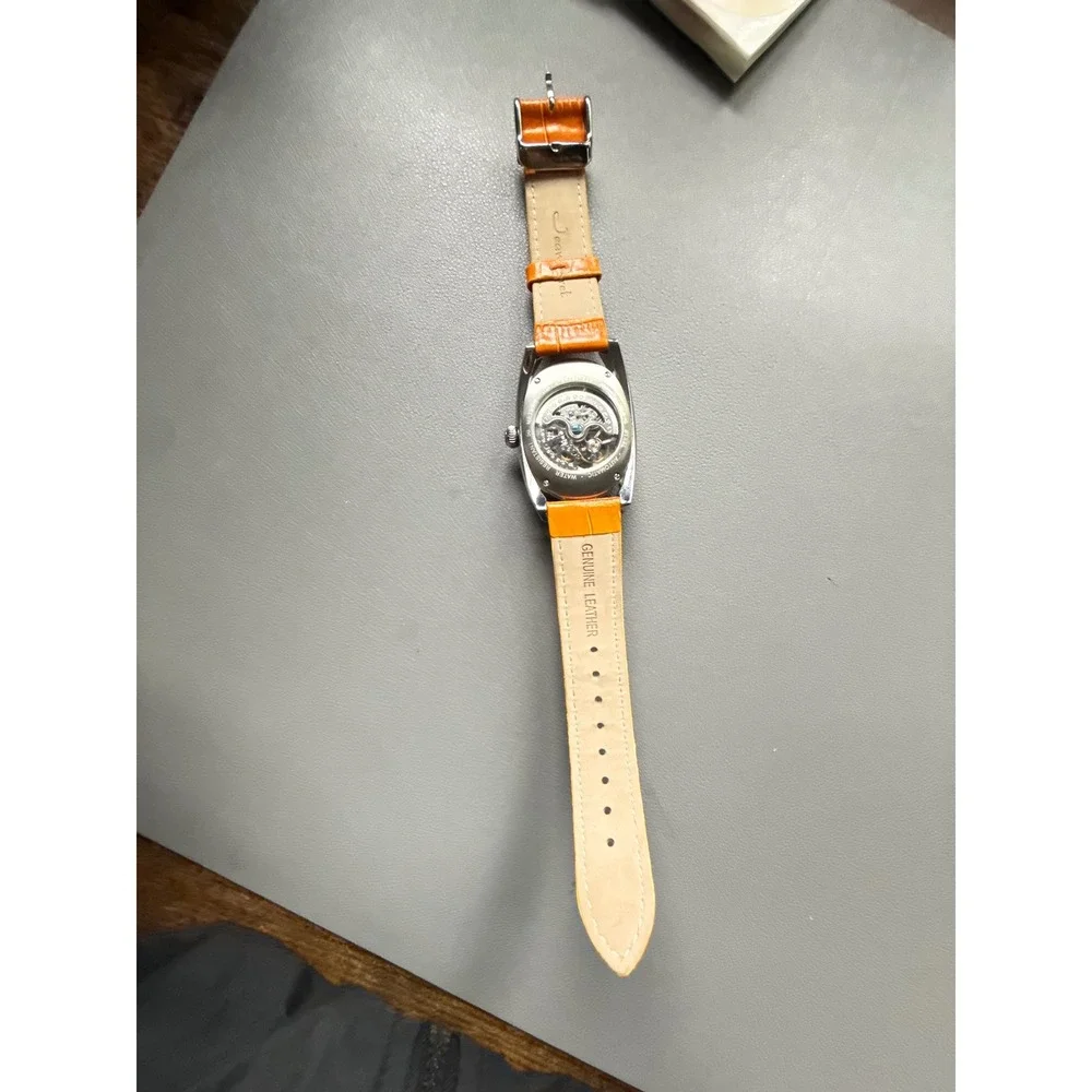 Jeanneret Women Orange Skeleton Automatic Watch Stainless Steel Leather J-64283